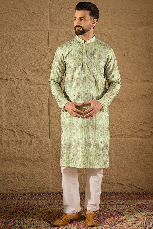 Olive Silk Woven Straight Kurta