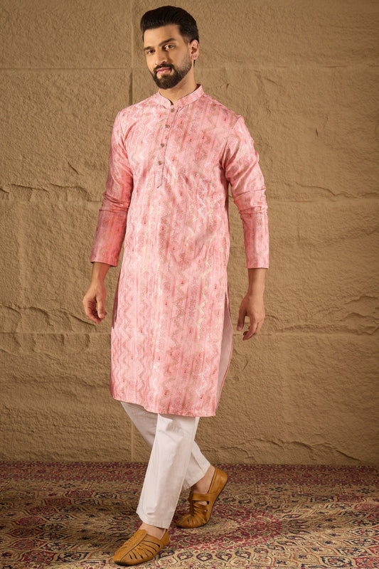 Pink Silk Woven Straight Kurta