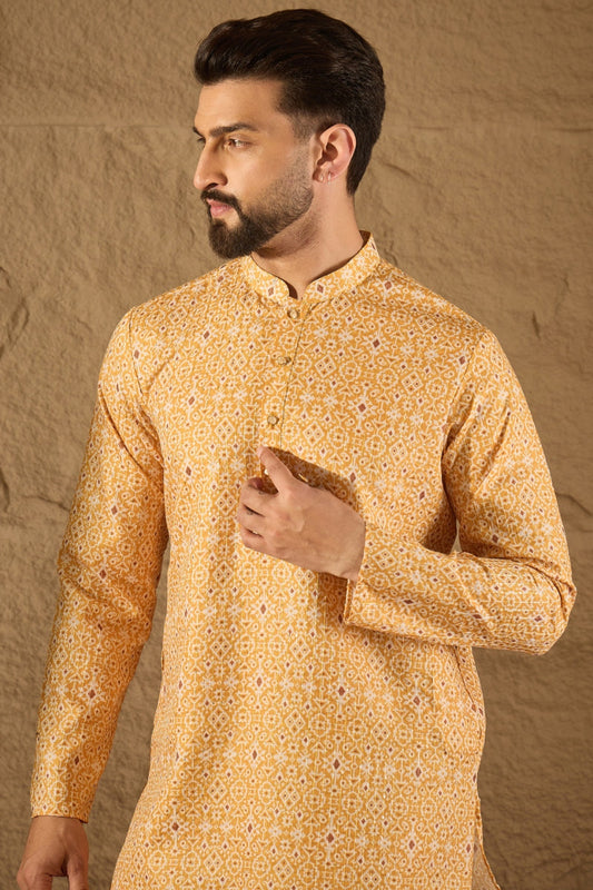 Yellow Silk Blend Ethnic Motif Embroidered Straight Kurta With Pant Set