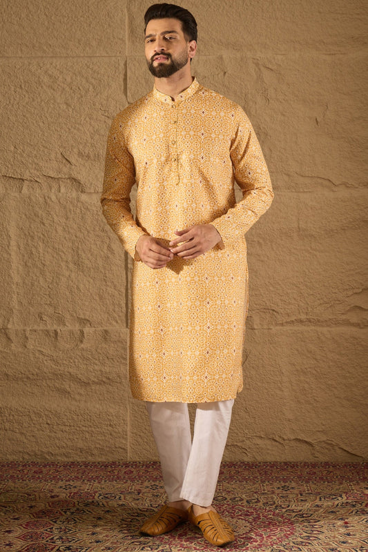 Yellow Silk Blend Ethnic Motif Embroidered Straight Kurta With Pant Set