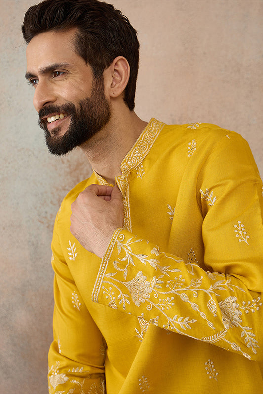 Yellow Chanderi Silk Solid Embroidered Straight Kurta with Trouser MKSET1314