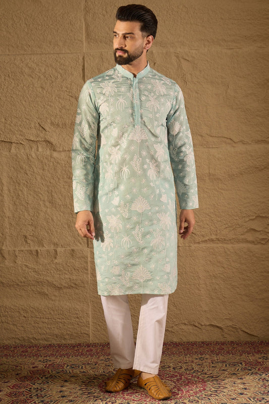 Blue Chanderi Silk Embroidered Straight Kurta MKU1317