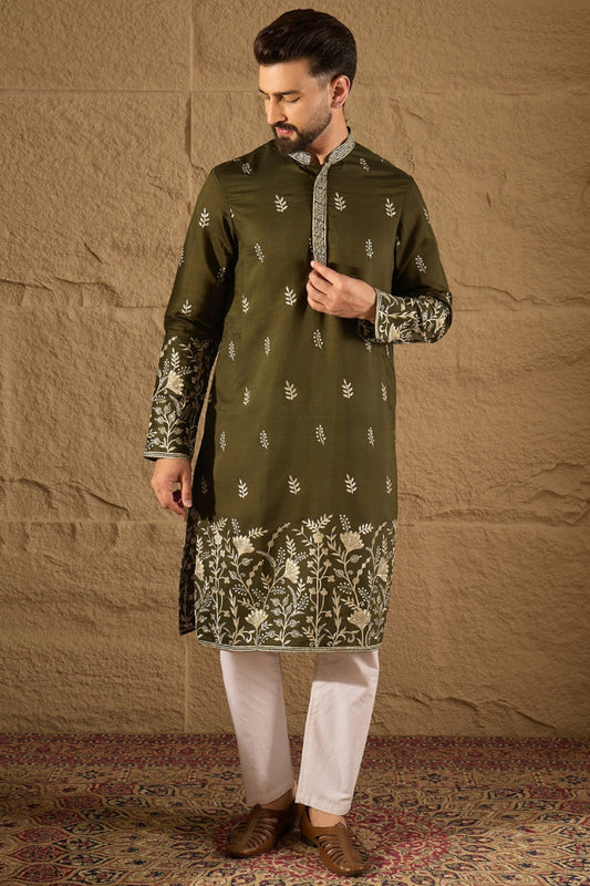 Olive Vertican Solid Embroidered Straight Kurta MKU1319