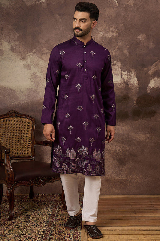 Purple Silk Blend Solid Embroidered Straight Kurta MKU1327