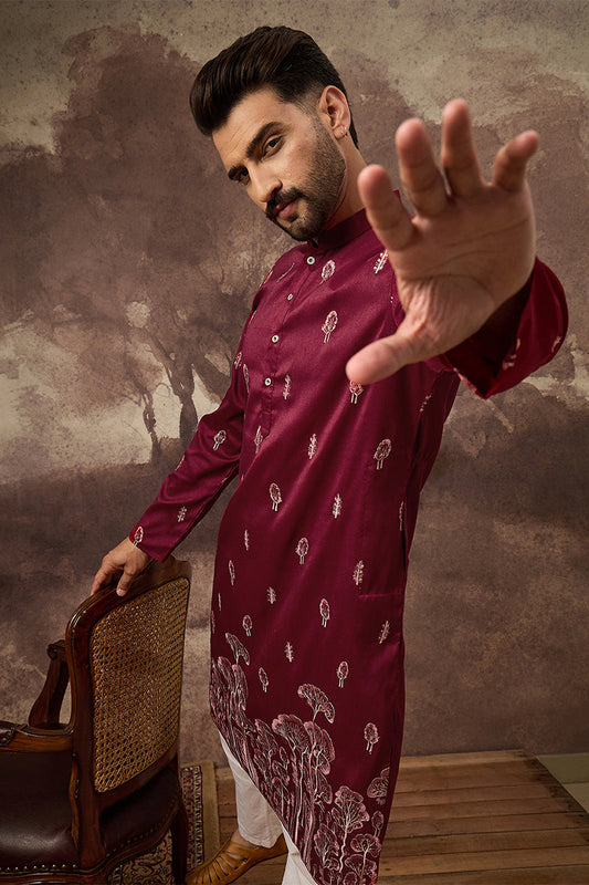 Maroon Silk Blend Solid Embroidered Straight Kurta MKU1336