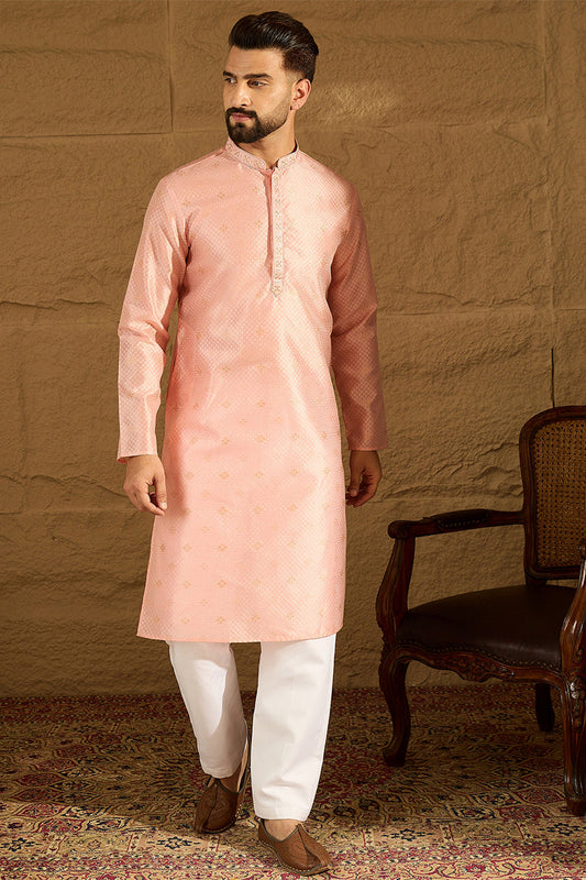 Peach Polyester Solid Embroidered Straight Kurta MKU1351