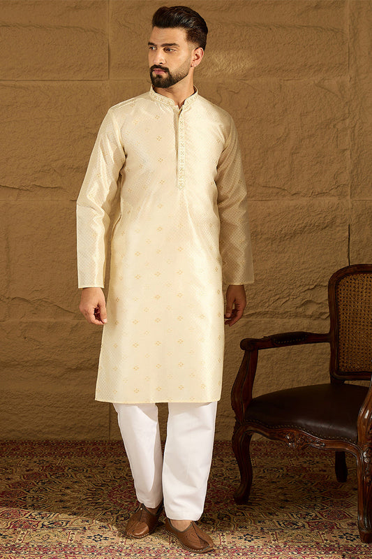 Off White Silk Blend Solid Woven Design Straight Kurta MKU1352