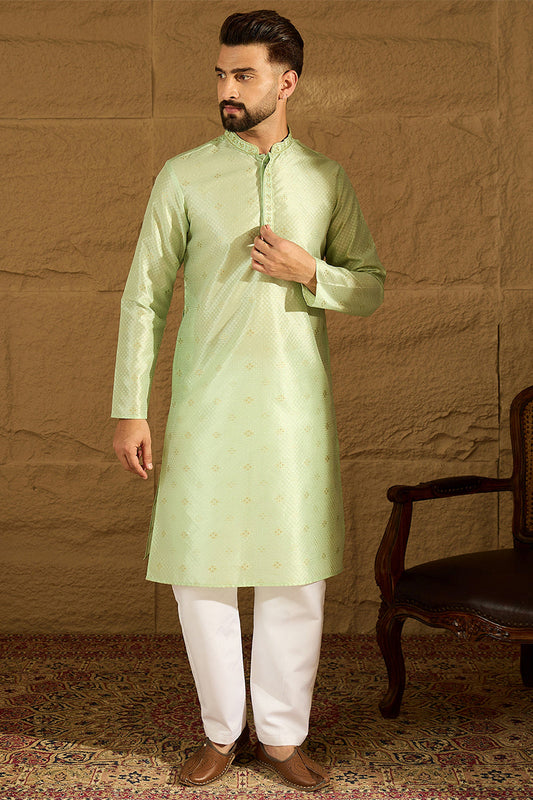 Green Silk Blend Solid Woven Design Straight Kurta with Trouser MKSET1354