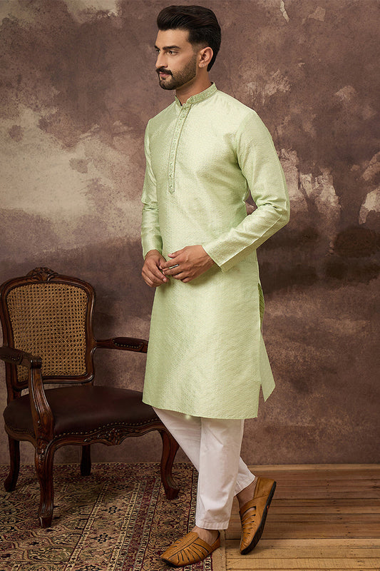 Green Silk Blend Solid Woven Design Straight Kurta