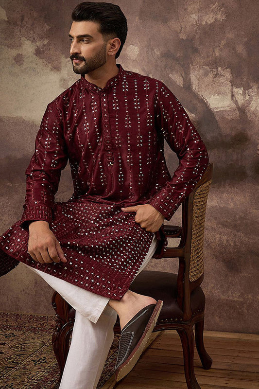 Maroon Silk Blend Solid Embroidered Straight Kurta With Pant Set MKSET1361
