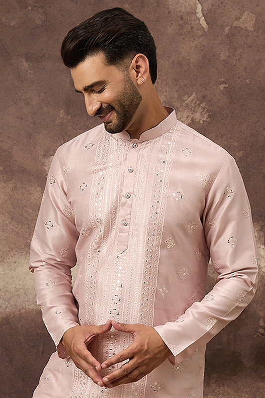 Pink Silk Blend Solid Embroidered Straight Kurta MKU1362