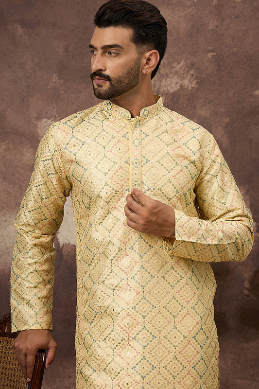 Yellow Silk Blend Solid Embroidered Straight Kurta With Pant Set MKSET1383