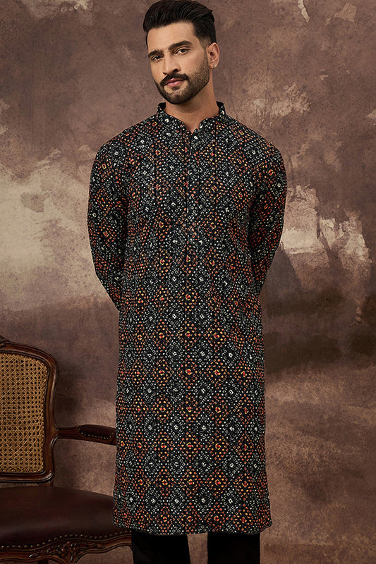 Ethnic Bay Black Viscose Rayon Embroidered Mandarin Collar Straight Kurta MKU1402