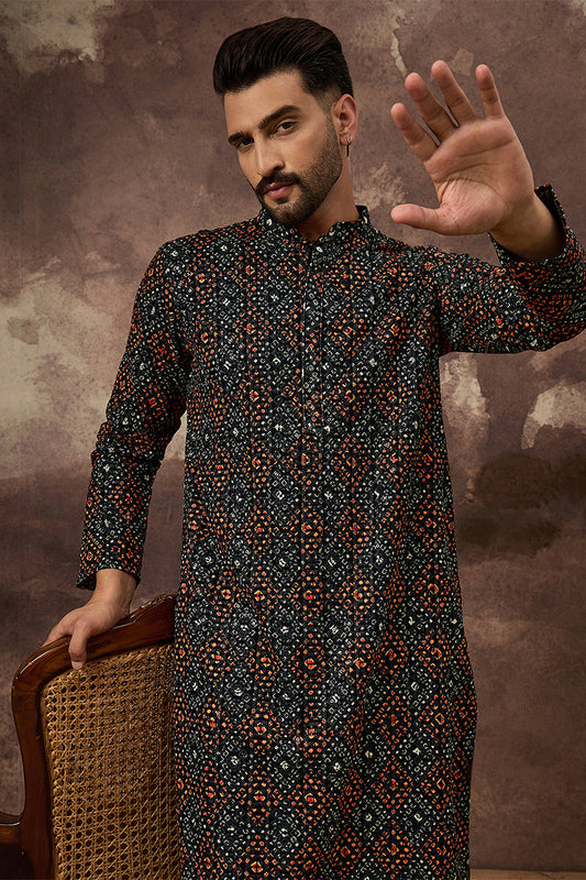 Ethnic Bay Black Viscose Rayon Embroidered Mandarin Collar Straight Kurta MKU1402