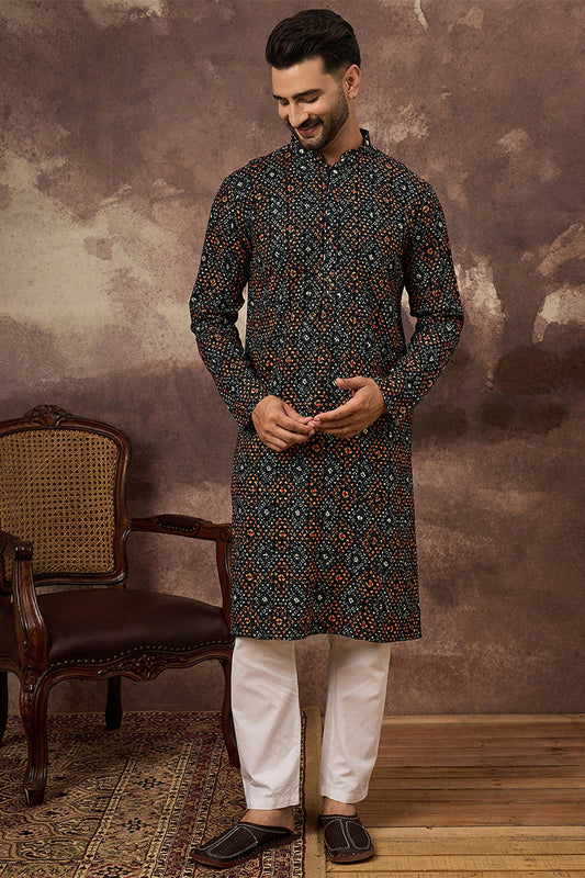 Black Viscose Rayon Bandhani Embroidered Straight Kurta With Pant Set MKSET1402