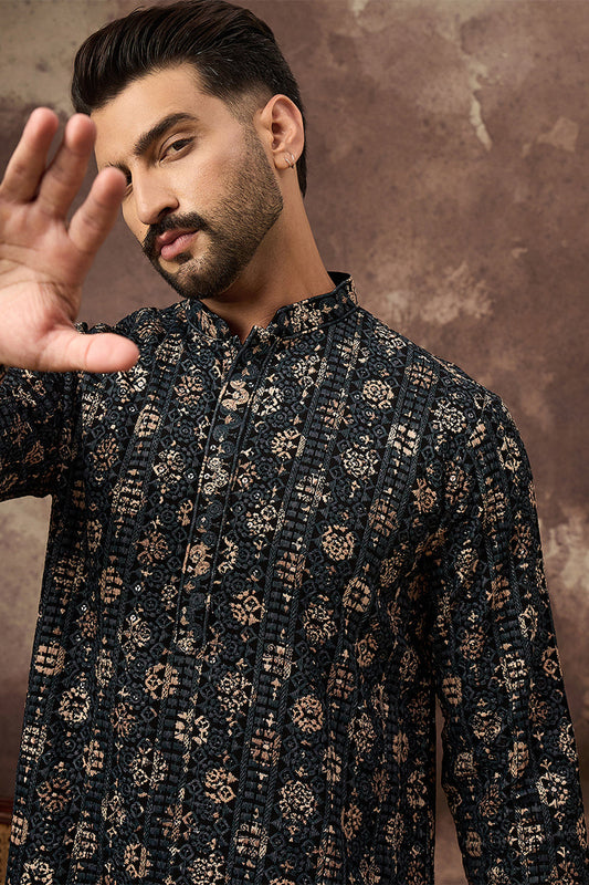Ethnic Bay Black Viscose Rayon Embroidered Mandarin Collar Straight Kurta MKU1403