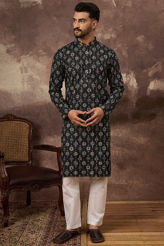 Ethnic Bay Black Viscose Rayon Embroidered Mandarin Collar Straight Kurta MKU1403