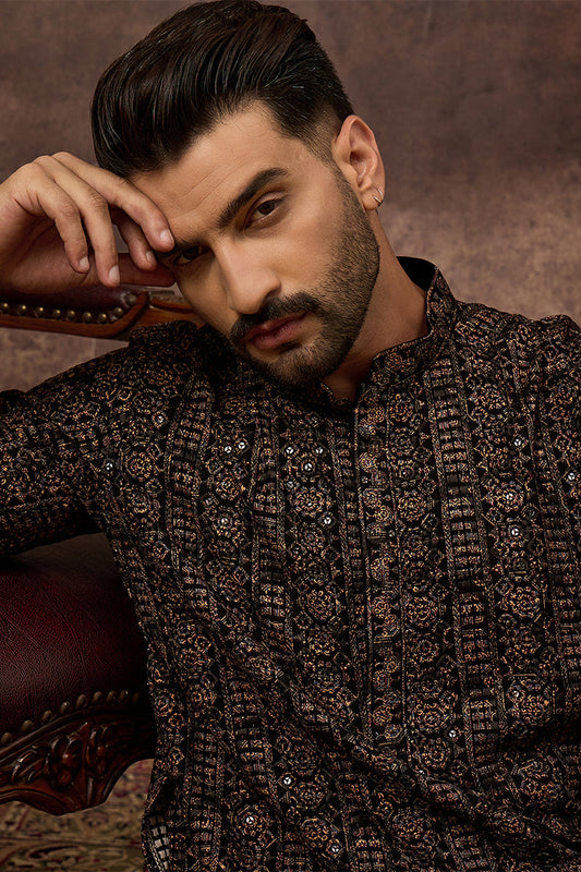 Black Viscose Rayon Ethnic Motifs Embroidered Straight Kurta With Pant Set MKSET1405