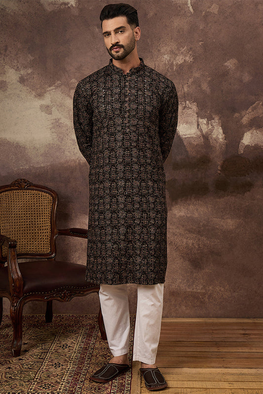 Black Viscose Rayon Ethnic Motifs Embroidered Straight Kurta With Pant Set MKSET1405
