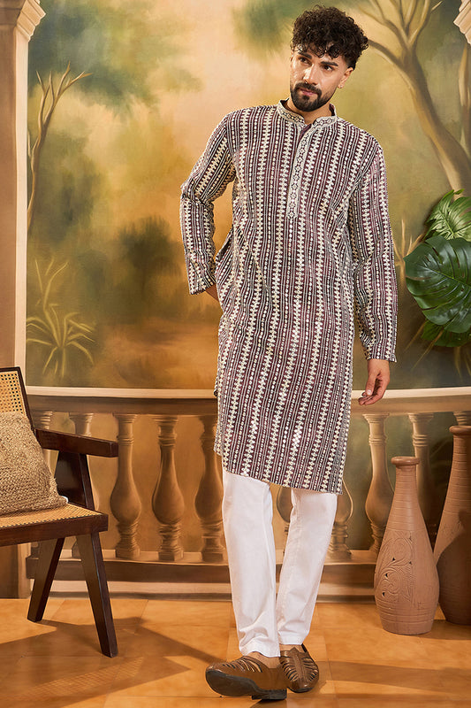 Ethnic Bay Purple Viscose Rayon Embroidered Straight Kurta With Trousers MKSET1409