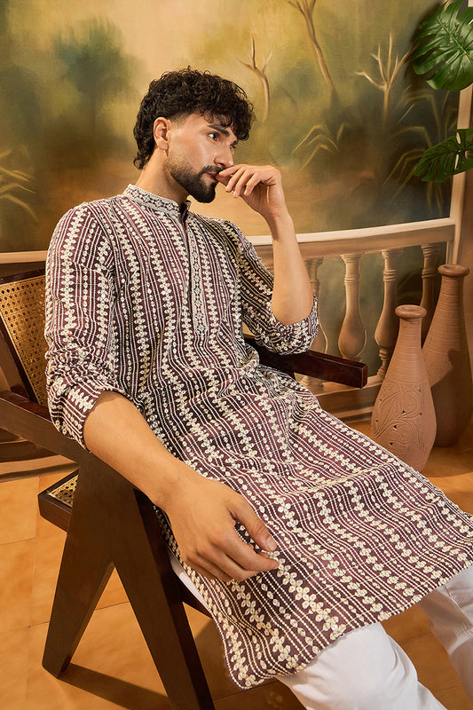 Ethnic Bay Purple Viscose Rayon Embroidered Straight Kurta With Trousers MKSET1409