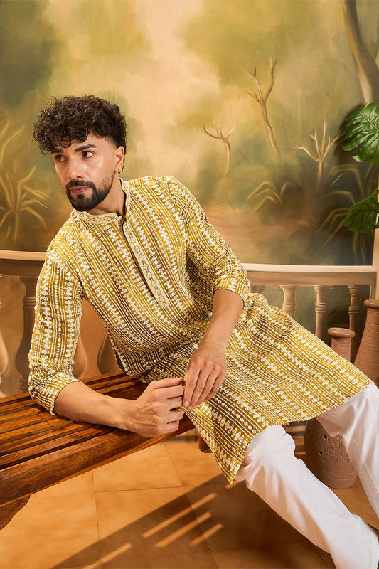 Ethnic Bay Mustard Viscose Rayon Embroidered Straight Kurta With Trousers MKSET1410