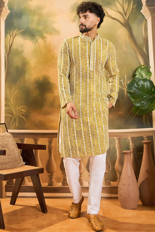 Ethnic Bay Mustard Viscose Rayon Embroidered Straight Kurta With Trousers MKSET1410