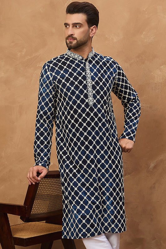 Blue Viscose Rayon Shibori Embroidered Straight Kurta With Pant Set MKSET1414
