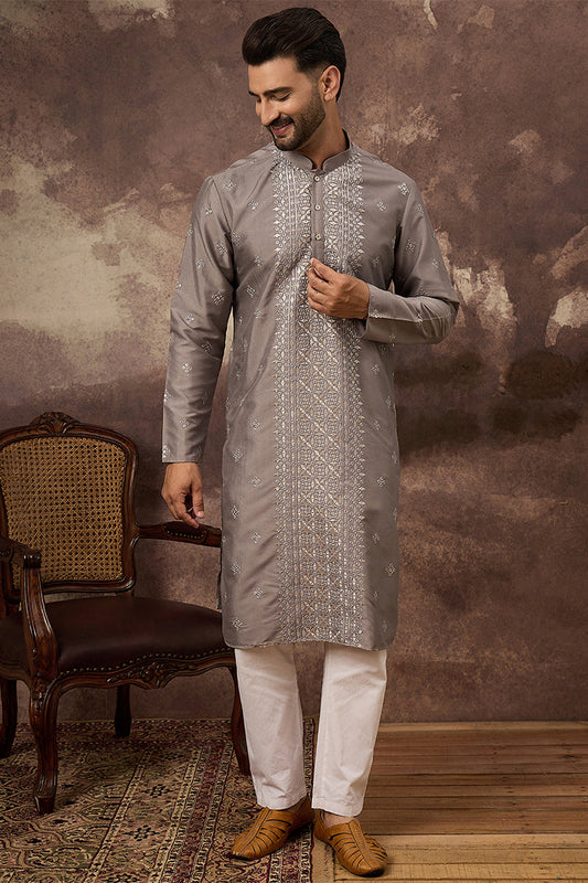 Grey Silk Blend Solid Embroidered Straight Kurta With Pant Set MKSET1420