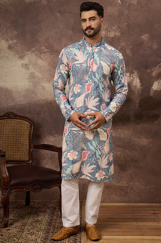 Blue Viscose Rayon Floral Woven Straight Kurta