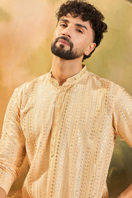 Ethnic Bay Mens Cream Viscose Rayon Solid Embroidered Kurta With Trouser MKSET1430