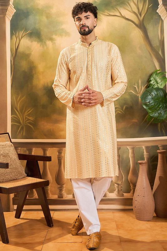 Ethnic Bay Mens Cream Viscose Rayon Solid Embroidered Kurta With Trouser MKSET1430