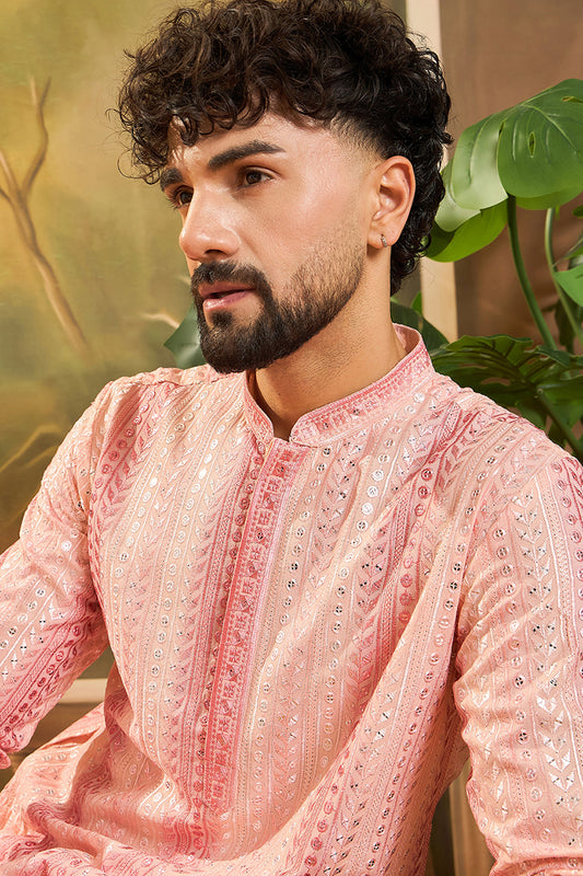 Ethnic Bay Mens Viscose Rayon Peach Solid Embroidered Kurta With Trouser MKSET1432