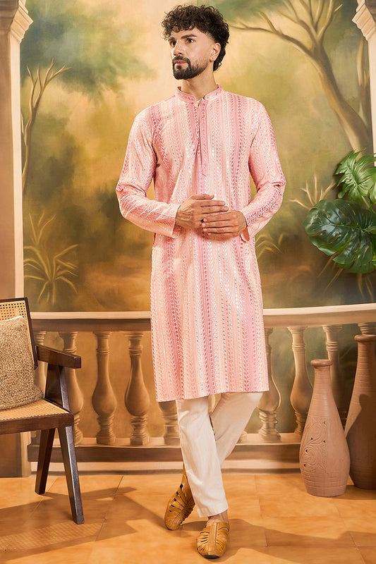 Ethnic Bay Mens Viscose Rayon Peach Solid Embroidered Kurta With Trouser MKSET1432