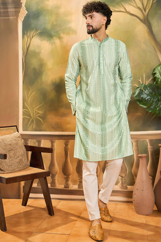 Ethnic Bay Mens Viscose Rayon Green Solid Embroidered Kurta With Trouser MKSET1435