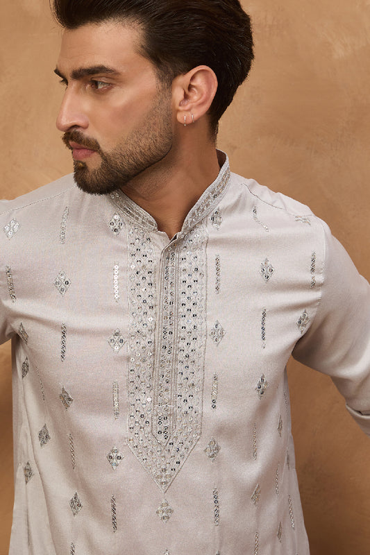 Grey Silk Blend Solid Embroidered Straight Kurta With Pant Set MKSET1438