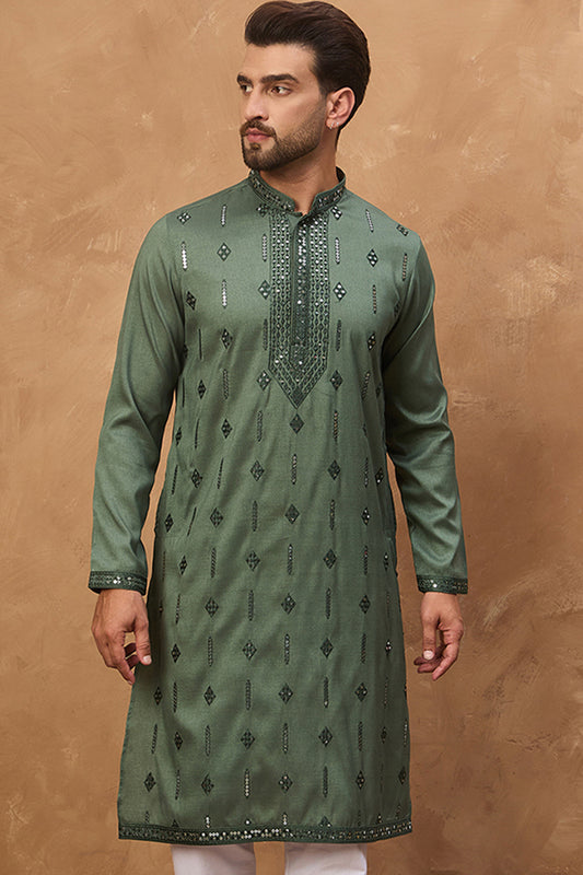 Green Silk Blend Solid Embroidered Straight Kurta With Pant Set MKSET1439