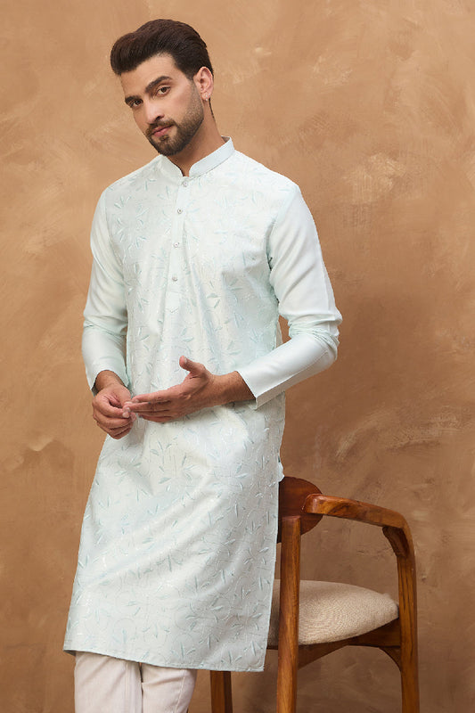 Blue Silk Blend Solid Embroidered Straight Kurta With Pant Set MKSET1446