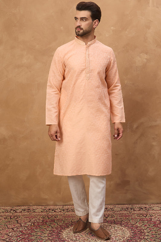 Peach Silk Blend Solid Embroidered Straight Kurta With Pant Set MKSET1453