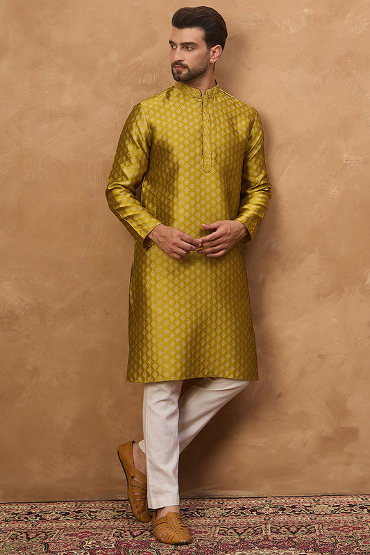 Yellow Silk Blend Solid Woven Design Straight Kurta MKU1459