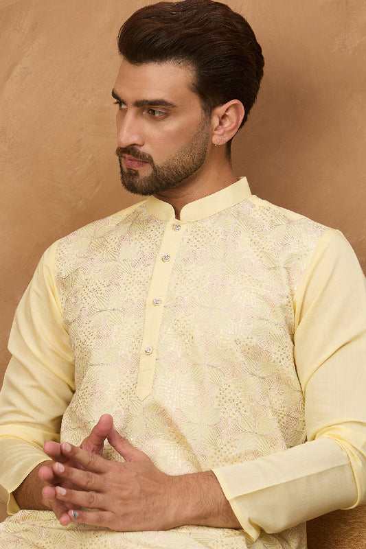 Yellow Silk Blend Solid Embroidered Straight Kurta With Pant Set MKSET1467