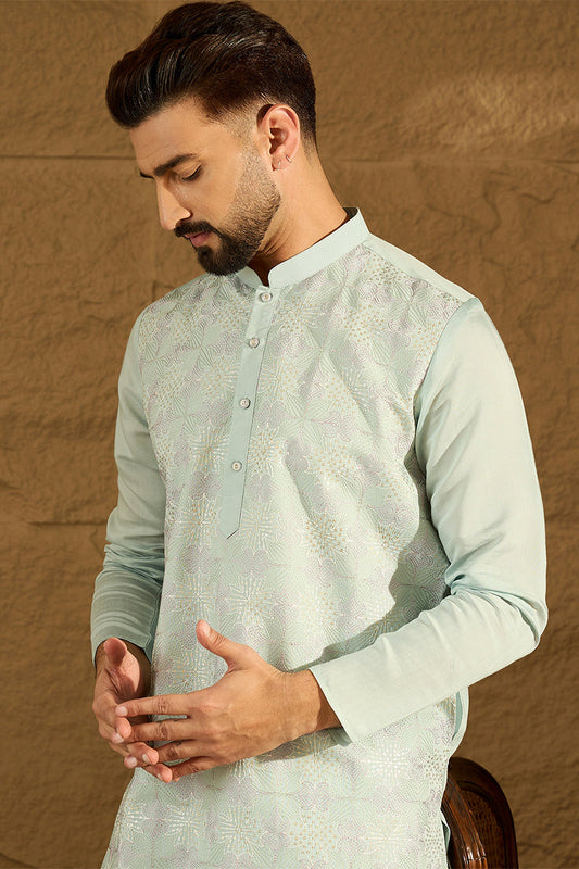 Blue Silk Blend Solid Embroidered Straight Kurta with Trouser MKSET1468