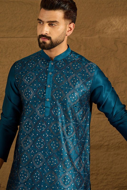 Blue Silk Blend Solid Embroidered Straight Kurta with Trouser MKSET1469