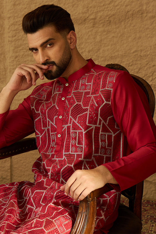 Maroon Silk Blend Solid Embroidered Straight Kurta with Trouser MKSET1473