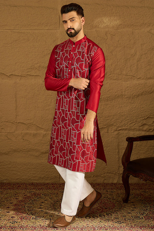 Maroon Silk Blend Solid Embroidered Straight Kurta with Trouser MKSET1473