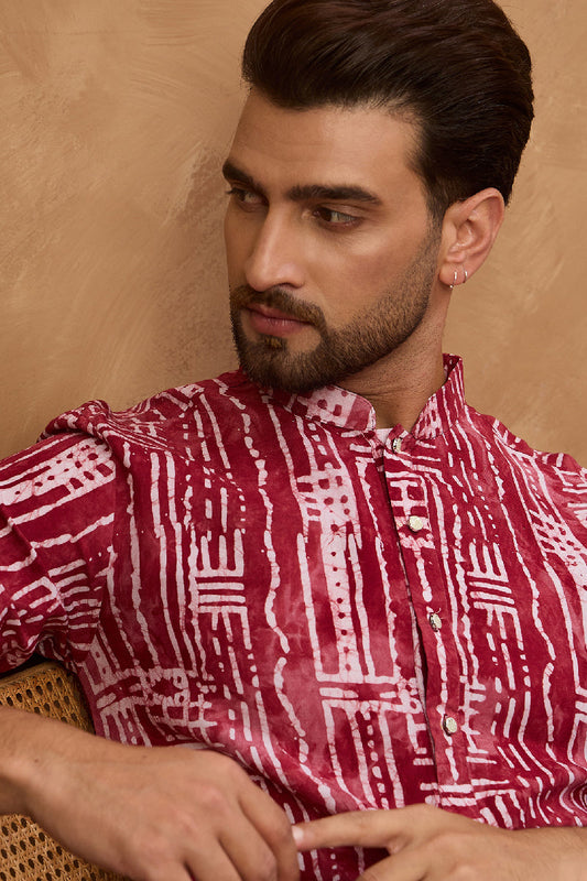 Red Viscose Rayon Batik Embroidered Straight Kurta With Pant Set MKSET1499