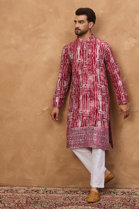 Red Viscose Rayon Batik Embroidered Straight Kurta With Pant Set MKSET1499