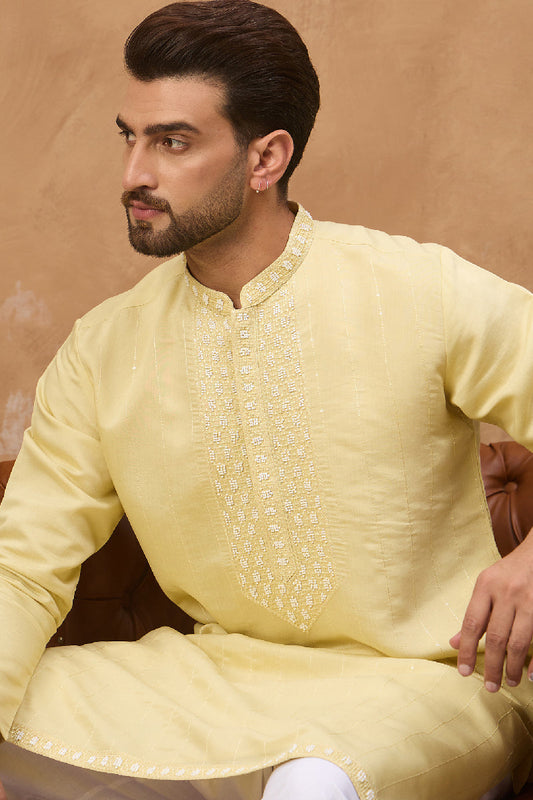 Yellow Silk Blend Solid Embroidered Straight Kurta With Pant Set MKSET1507