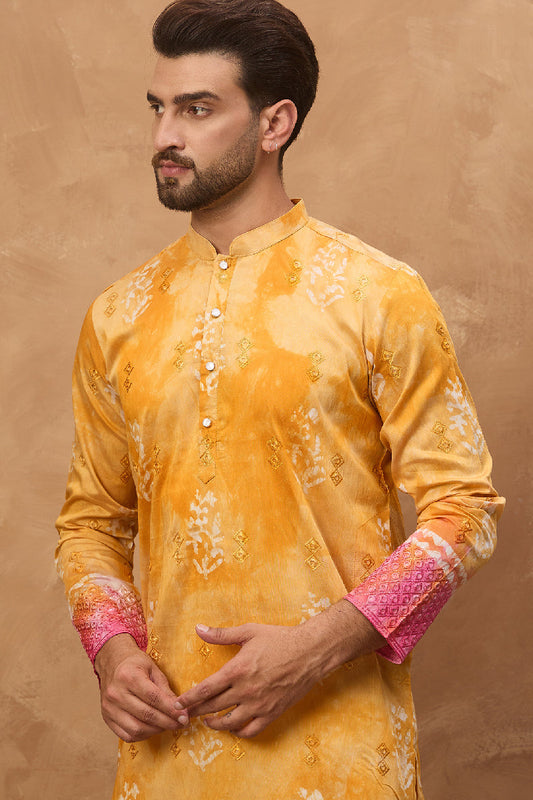 Yellow Silk Blend Batik Embroidered Straight Kurta With Pant Set MKSET1513