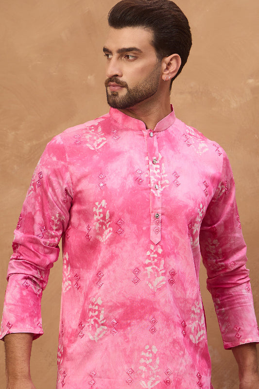 Pink Silk Blend Batik Embroidered Straight Kurta With Pant Set MKSET1515